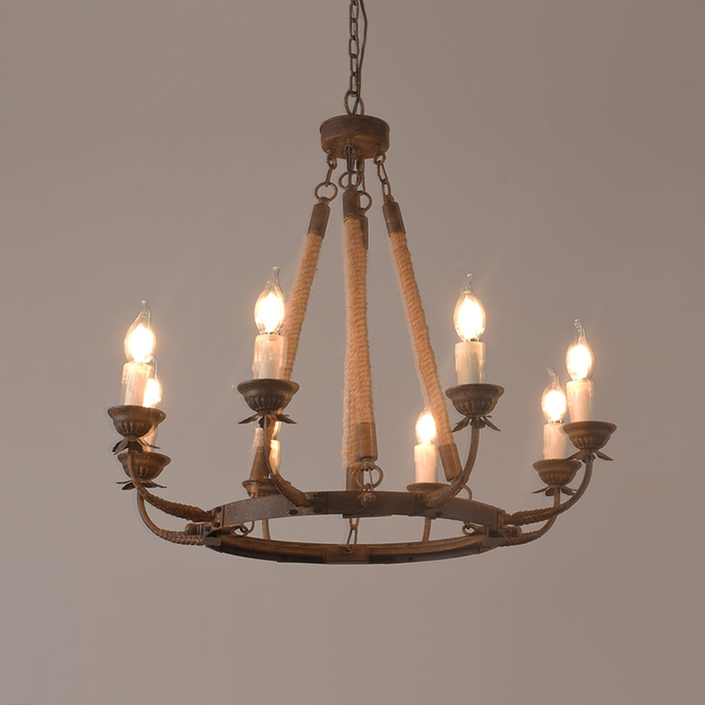 Rustic Candle-Style Linear Chandelier with Hemp Rope Detail