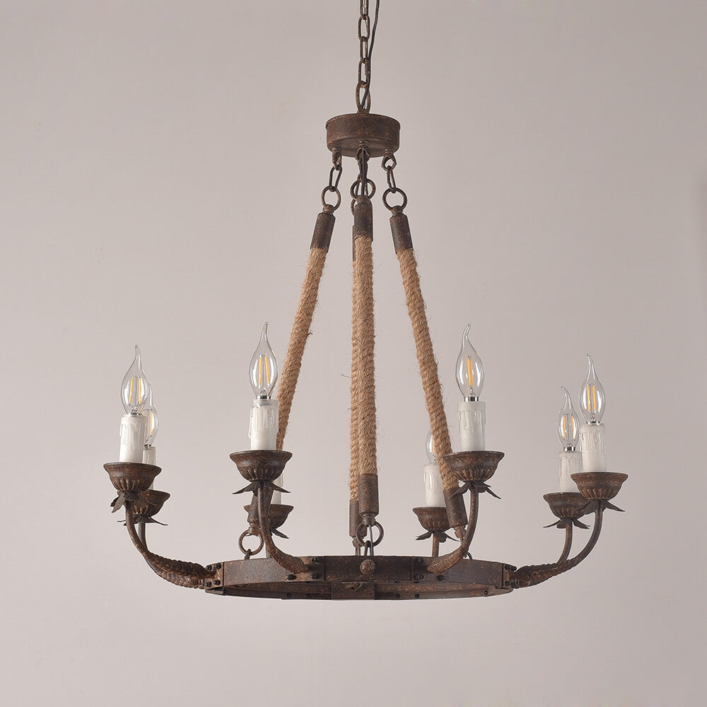 Rustic Candle-Style Linear Chandelier with Hemp Rope Detail