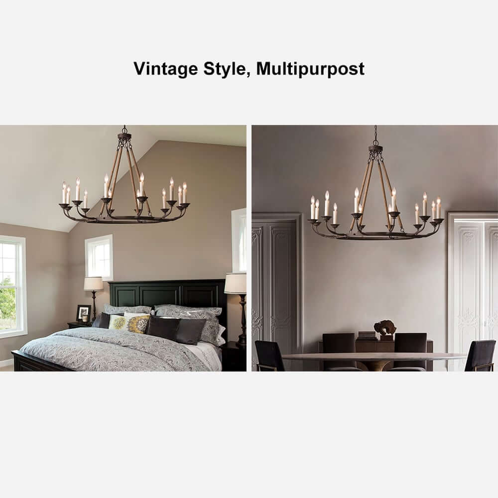 Rustic Candle-Style Linear Chandelier with Hemp Rope Detail