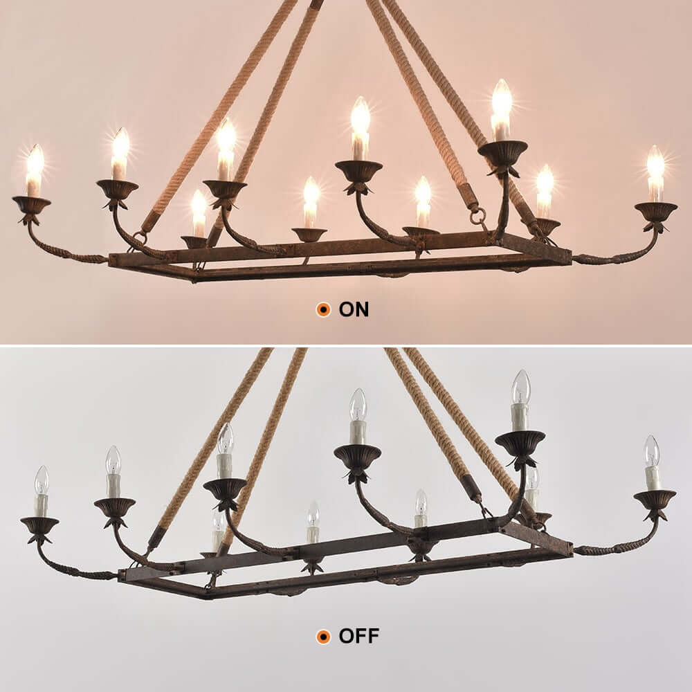 Rustic Candle-Style Linear Chandelier with Hemp Rope Detail