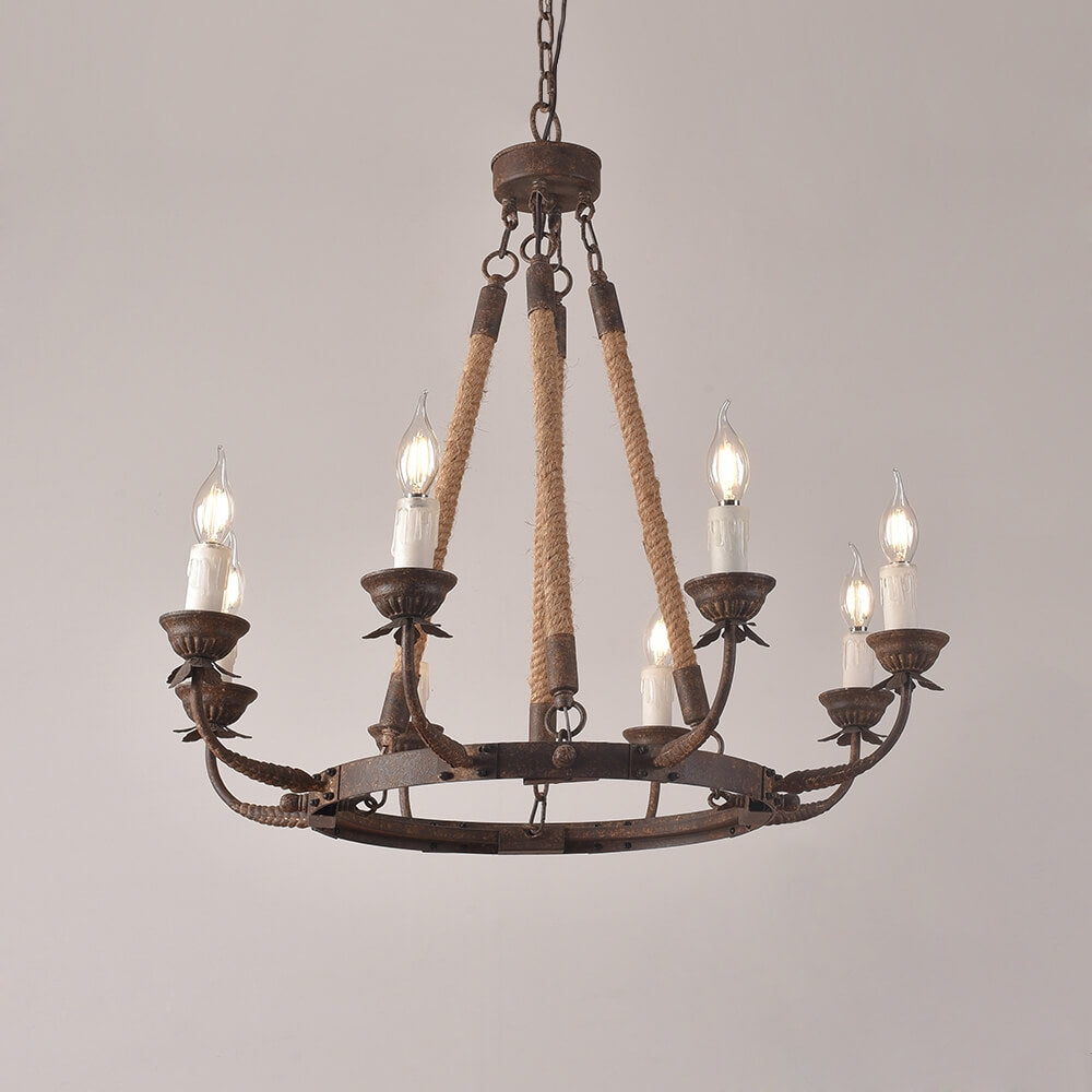 Rustic Candle-Style Linear Chandelier with Hemp Rope Detail