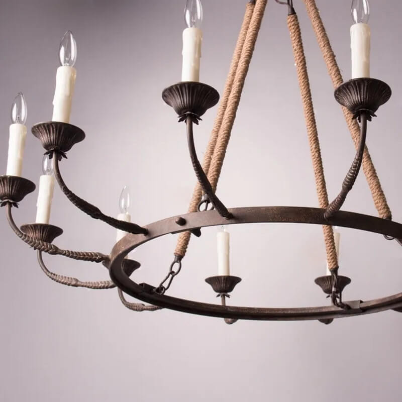 Rustic Candle-Style Linear Chandelier with Hemp Rope Detail