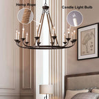 Rustic Candle-Style Linear Chandelier with Hemp Rope Detail