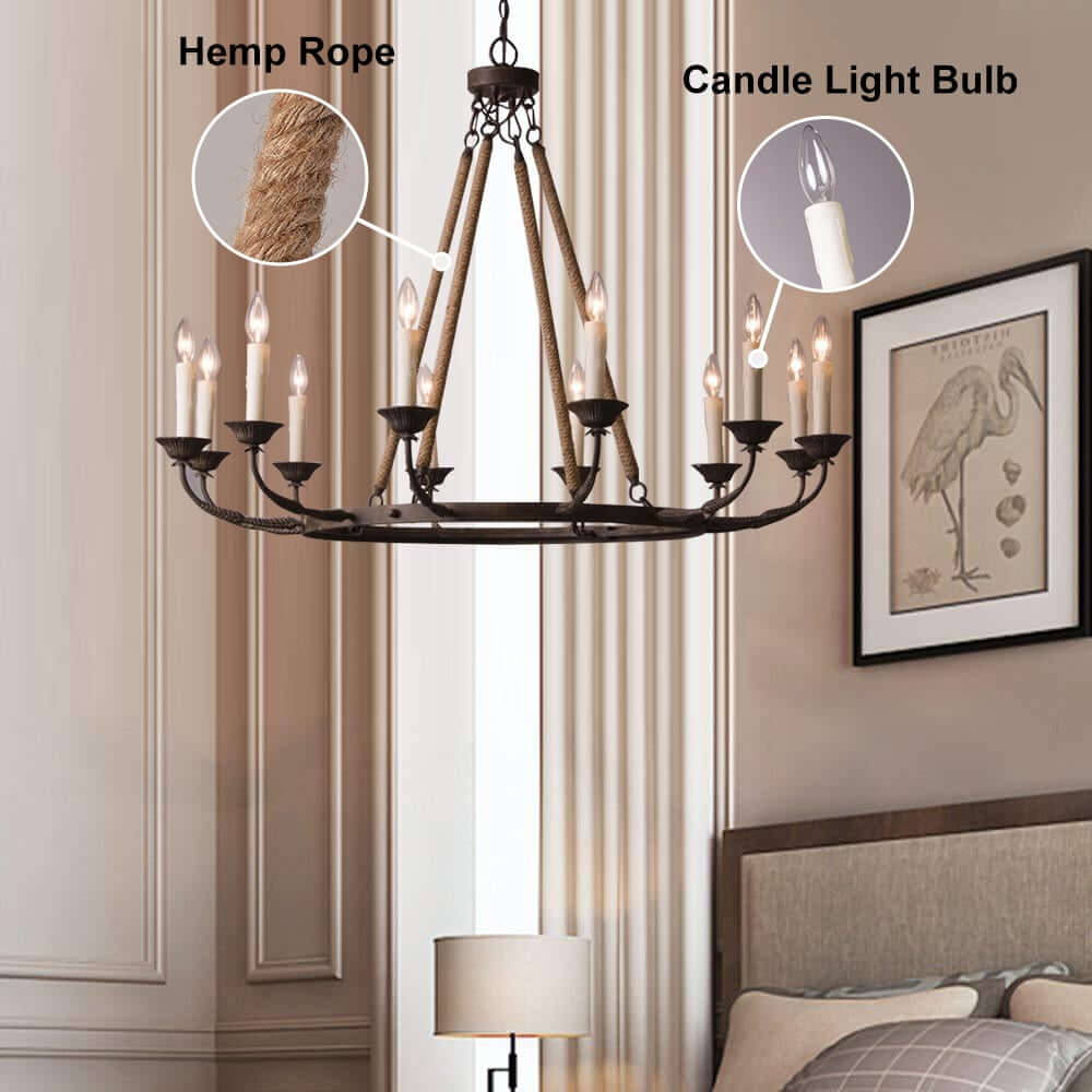 Rustic Candle-Style Linear Chandelier with Hemp Rope Detail
