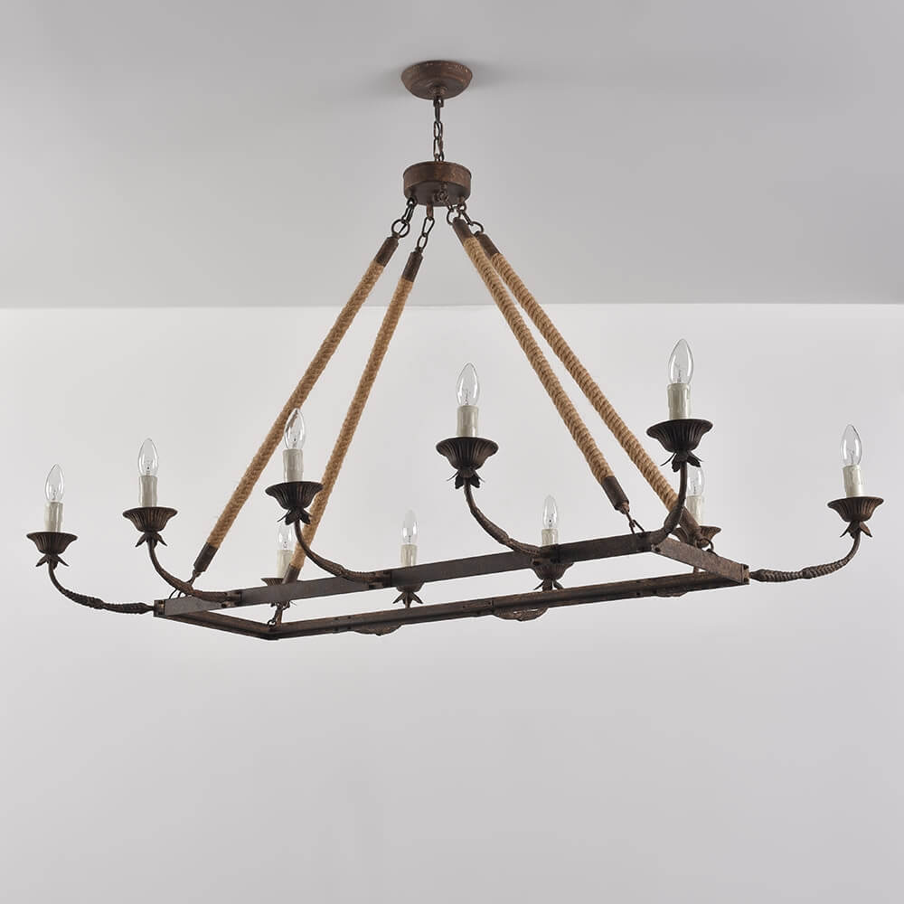 Rustic Candle-Style Linear Chandelier with Hemp Rope Detail