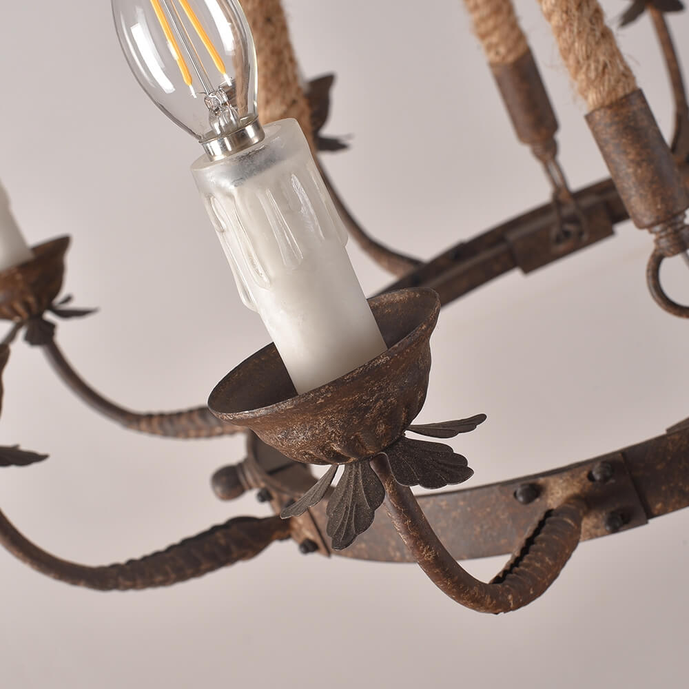 Rustic Candle-Style Linear Chandelier with Hemp Rope Detail