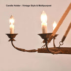 Rustic Candle-Style Linear Chandelier with Hemp Rope Detail