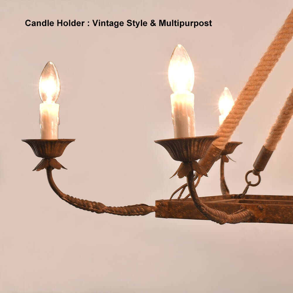 Rustic Candle-Style Linear Chandelier with Hemp Rope Detail