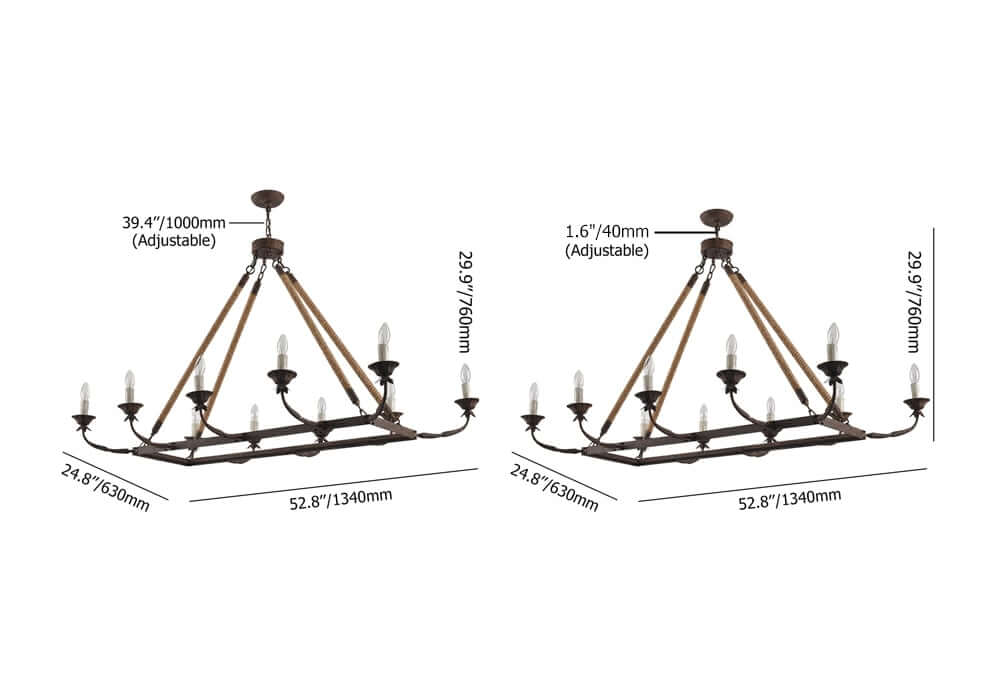 Rustic Candle-Style Linear Chandelier with Hemp Rope Detail