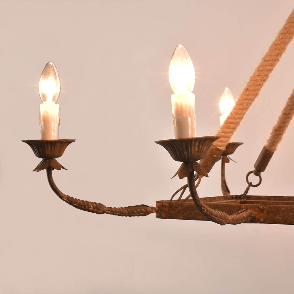 Rustic Candle-Style Linear Chandelier with Hemp Rope Detail