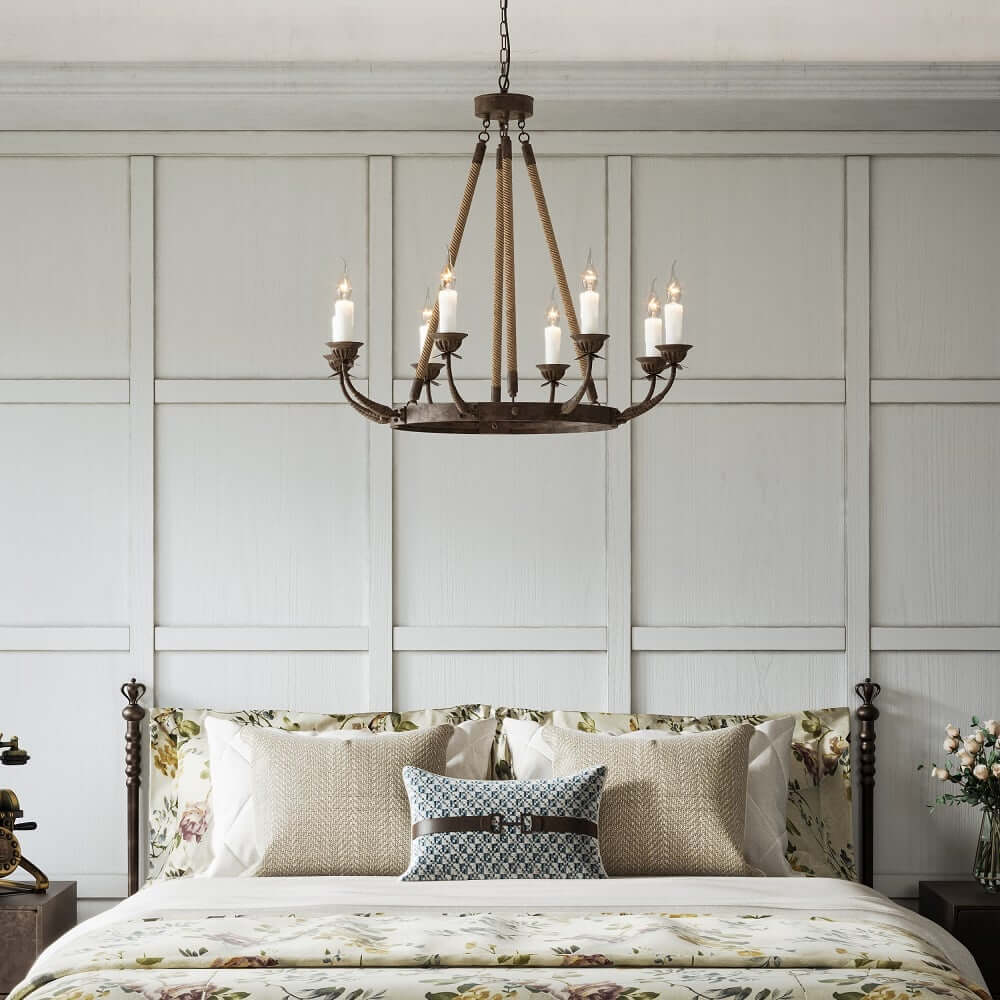 Rustic Candle-Style Linear Chandelier with Hemp Rope Detail