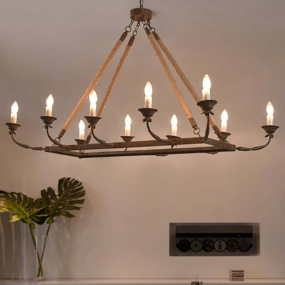 Rustic Candle-Style Linear Chandelier with Hemp Rope Detail Image secondaire du produit