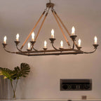 Rustic Candle-Style Linear Chandelier with Hemp Rope Detail