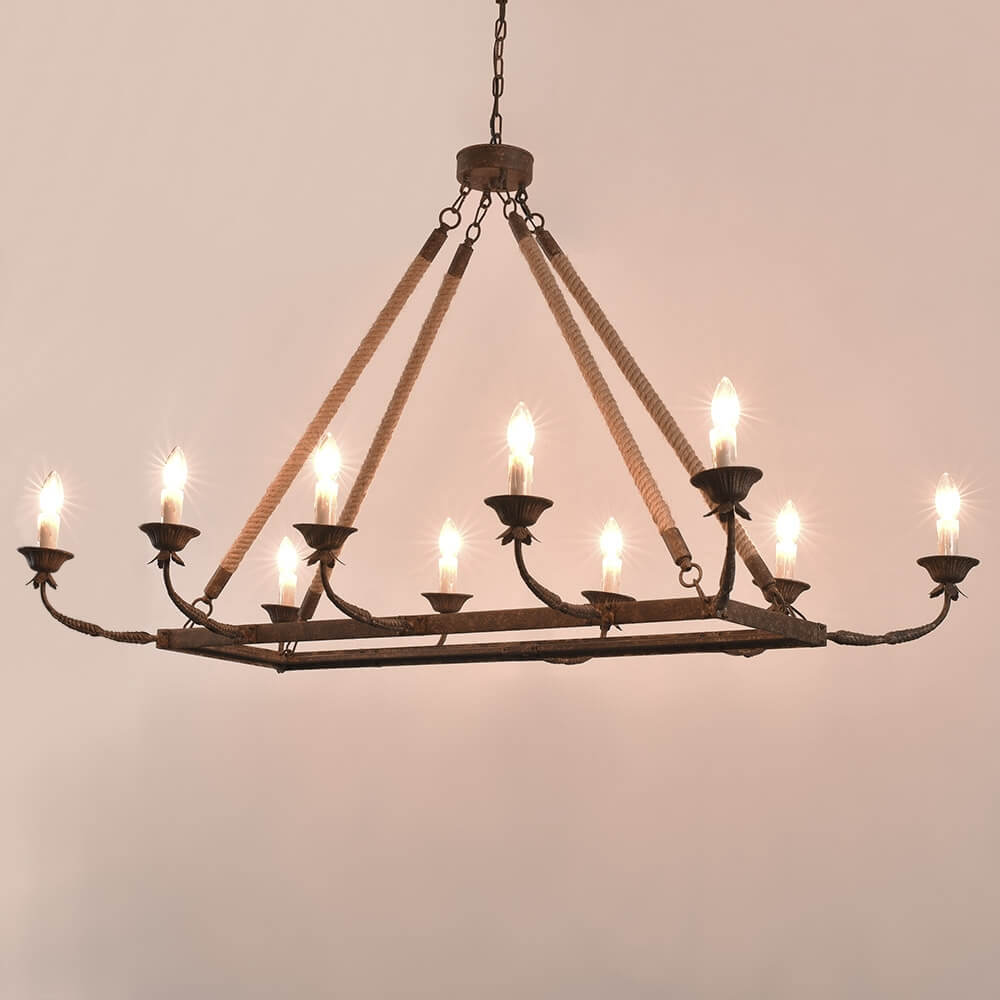 Rustic Candle-Style Linear Chandelier with Hemp Rope Detail