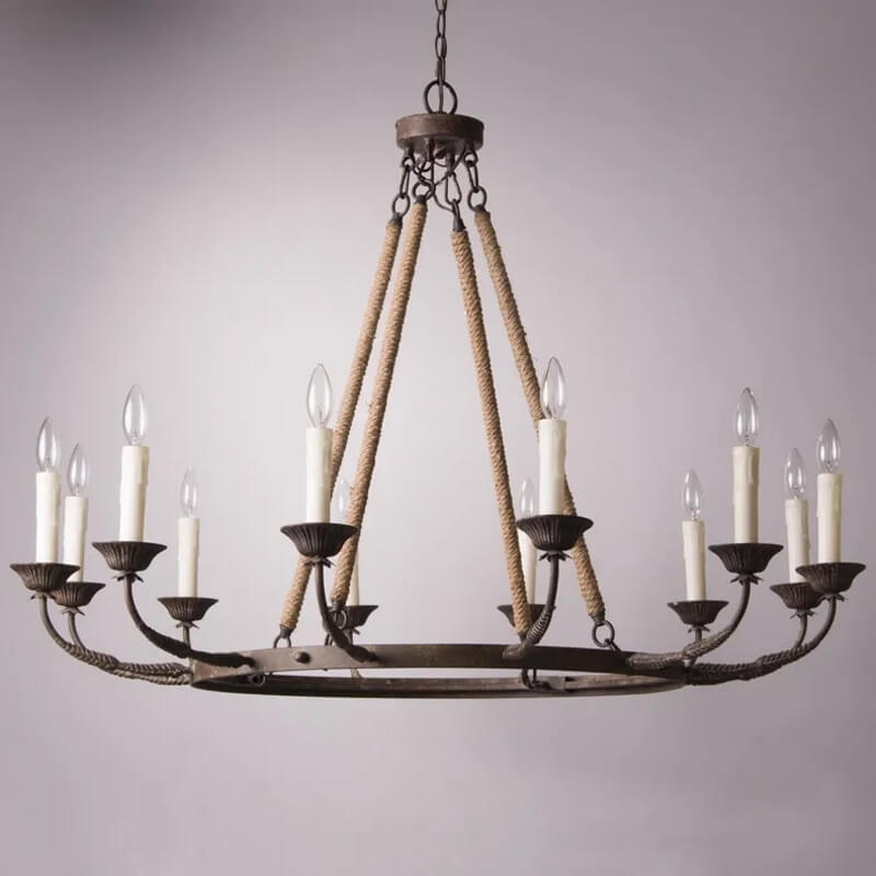 Rustic Candle-Style Linear Chandelier with Hemp Rope Detail