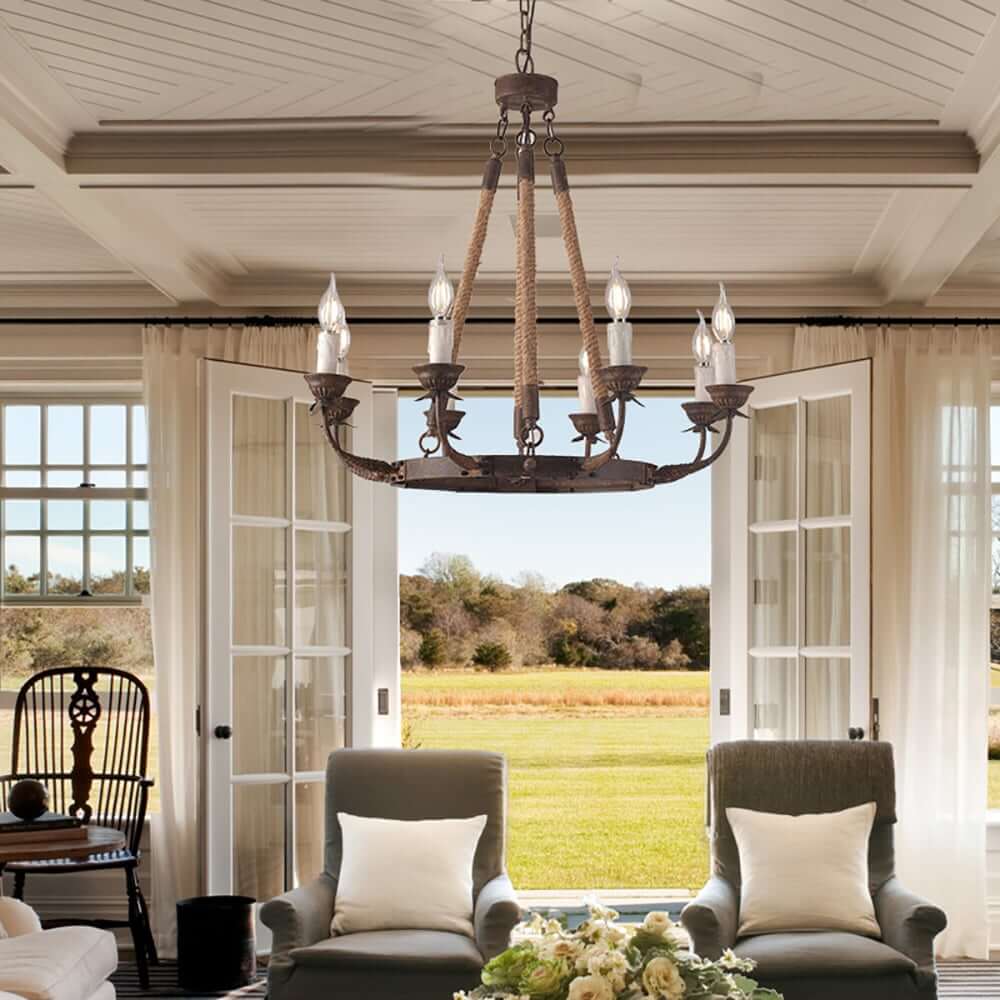 Rustic Candle-Style Linear Chandelier with Hemp Rope Detail