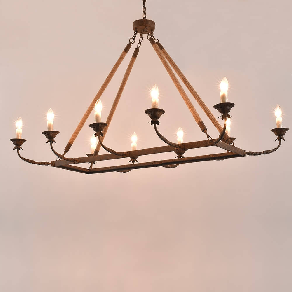 Rustic Candle-Style Linear Chandelier with Hemp Rope Detail
