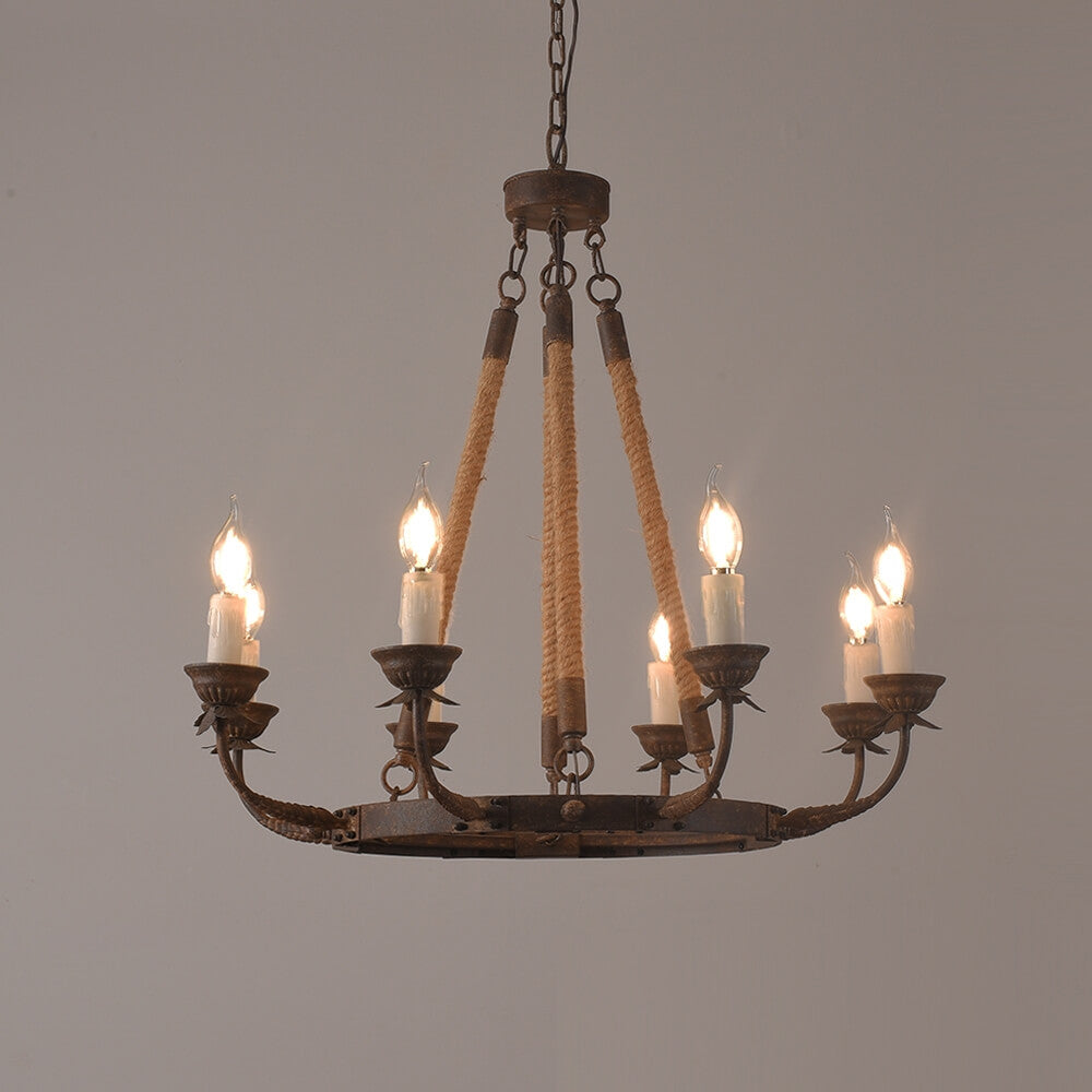 Rustic Candle-Style Linear Chandelier with Hemp Rope Detail
