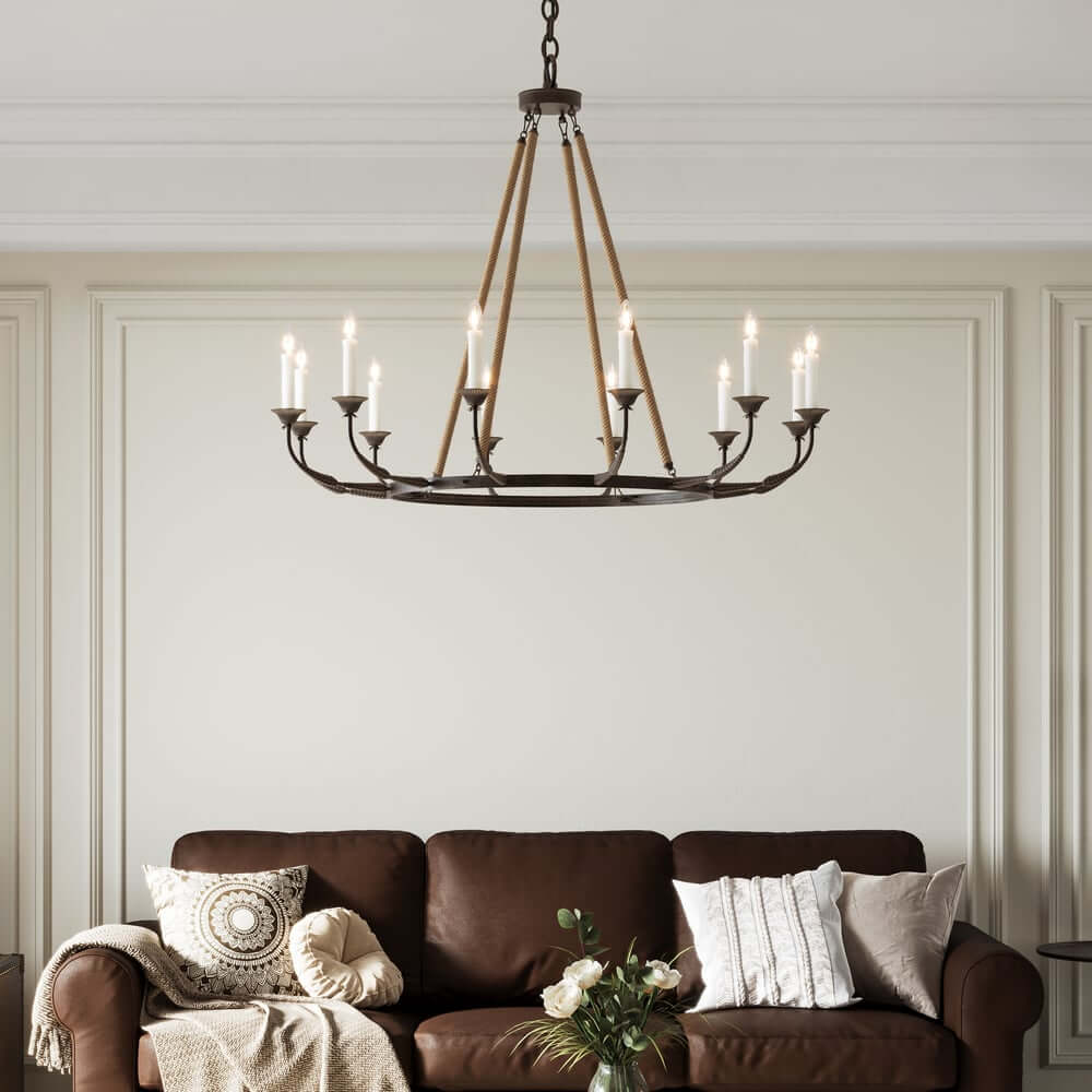 Rustic Candle-Style Linear Chandelier with Hemp Rope Detail