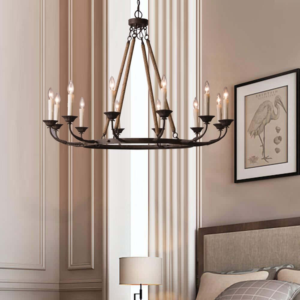 Rustic Candle-Style Linear Chandelier with Hemp Rope Detail