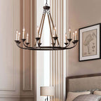 Rustic Candle-Style Linear Chandelier with Hemp Rope Detail