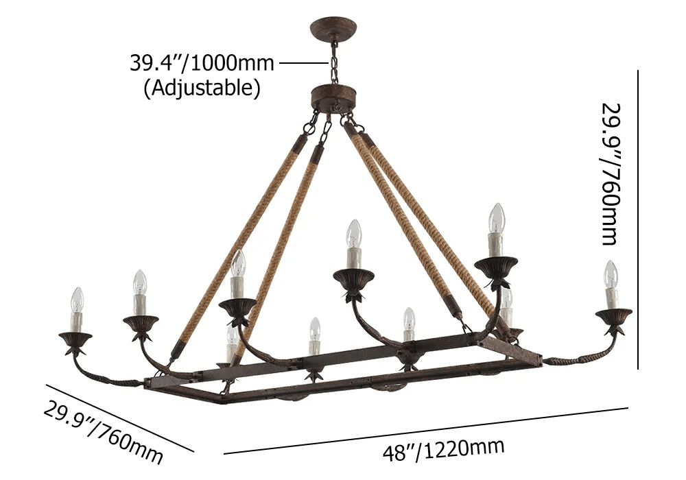 Rustic Candle-Style Linear Chandelier with Hemp Rope Detail Dimensions