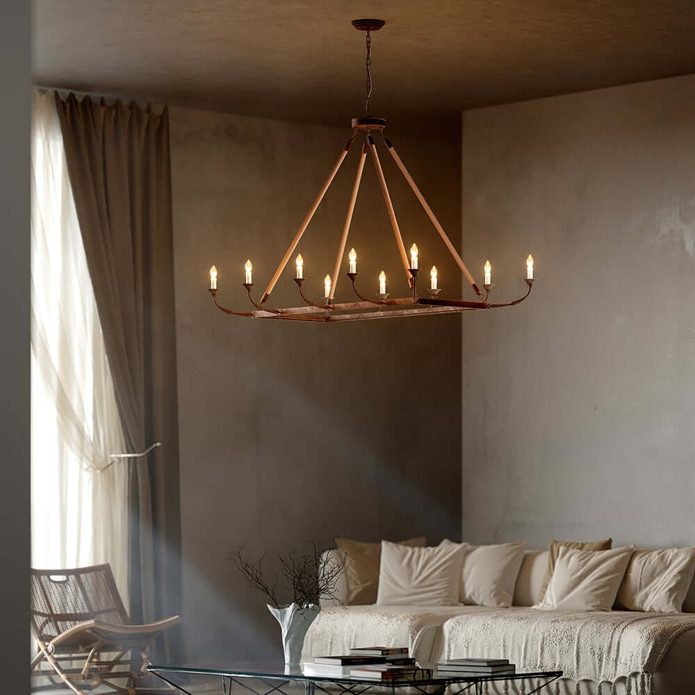 Rustic Candle-Style Linear Chandelier with Hemp Rope Detail Main Product Image