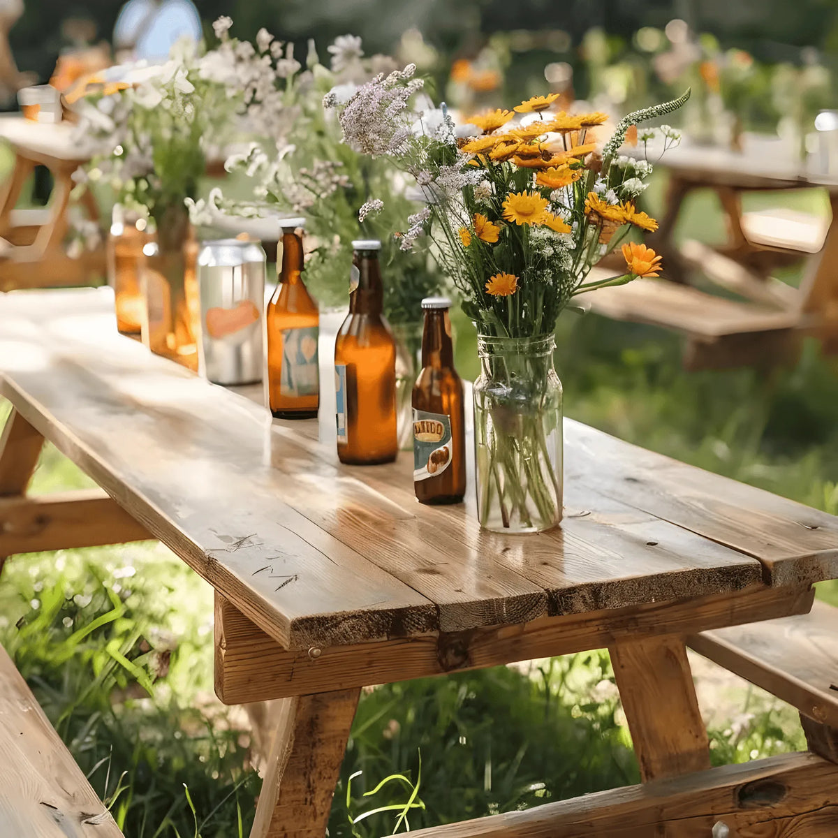 Rustic Cedar Outdoor Dining Bench and Picnic Table Set for Events