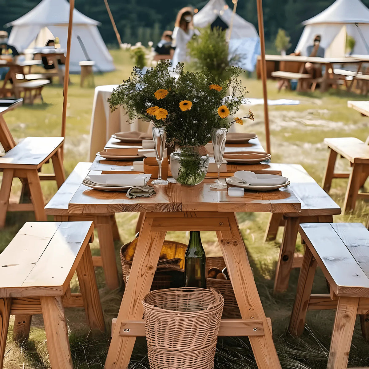 Rustic Cedar Outdoor Dining Bench and Picnic Table Set for Events