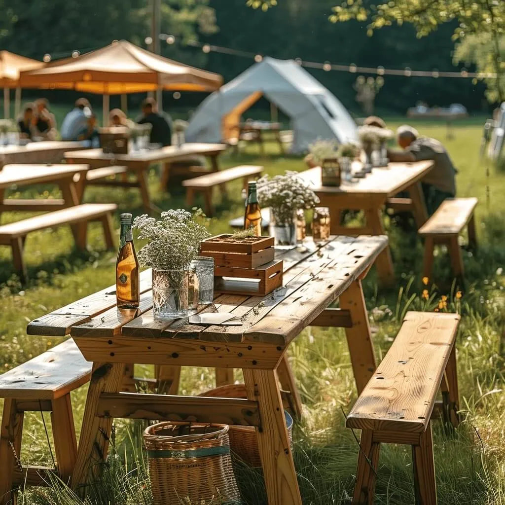 Rustic Cedar Outdoor Dining Bench and Picnic Table Set for Events