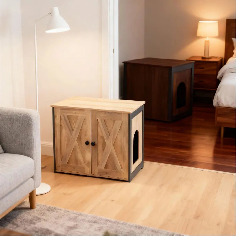 Rustic Farmhouse Cat Litter Box Cabinet With Side Table Top