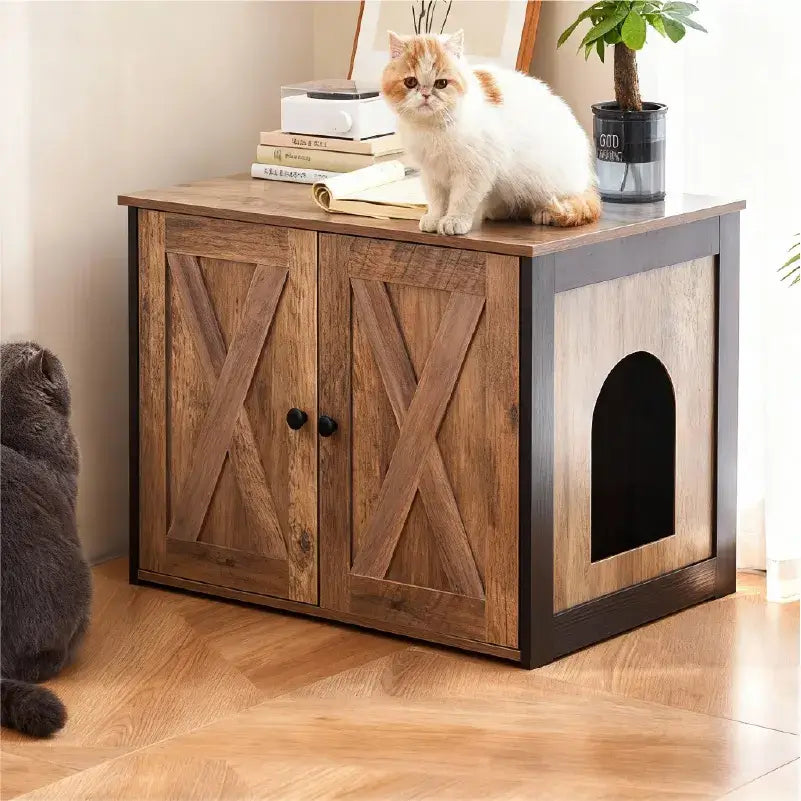 Rustic Farmhouse Cat Litter Box Cabinet With Side Table Top Main Product Image
