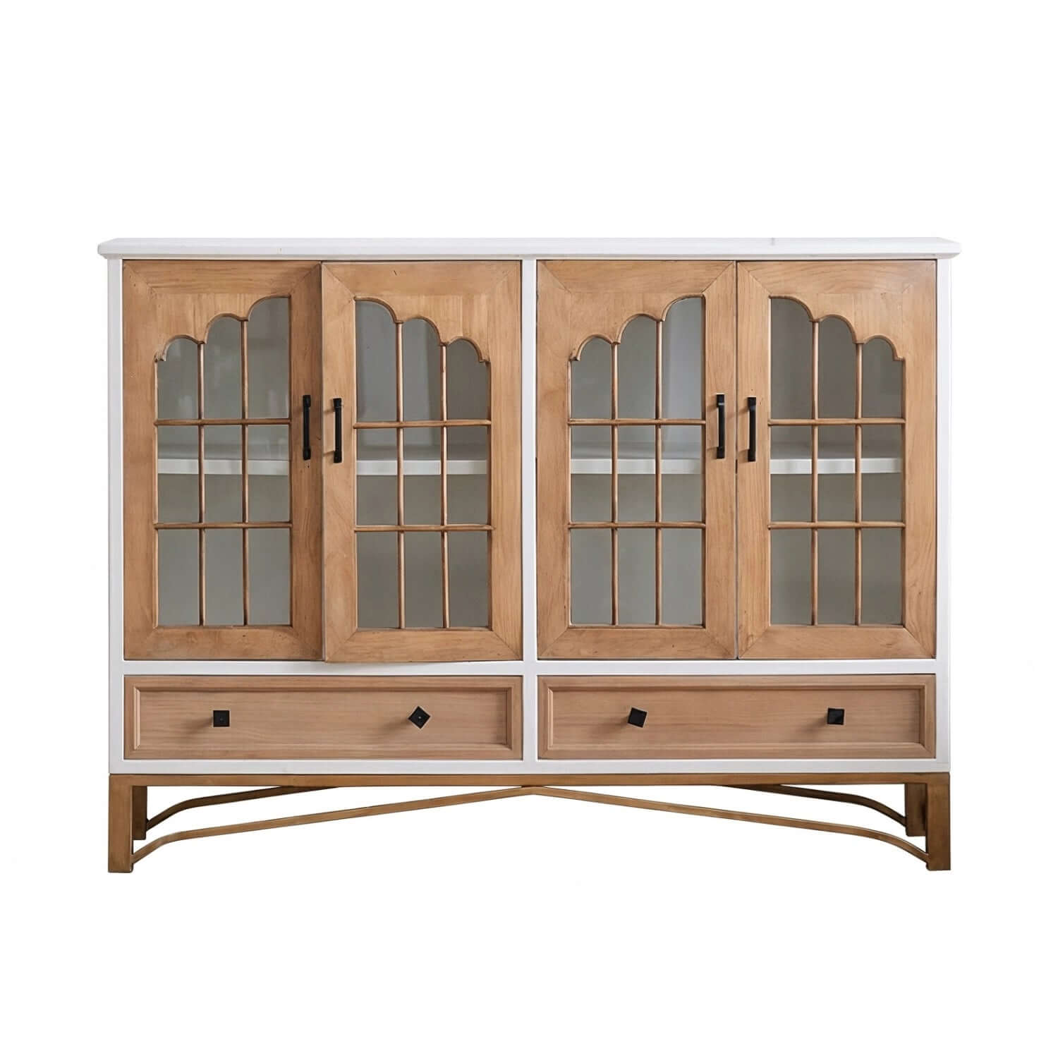 Rustic Fir Wood Sideboard with Glass Doors and Iron Legs