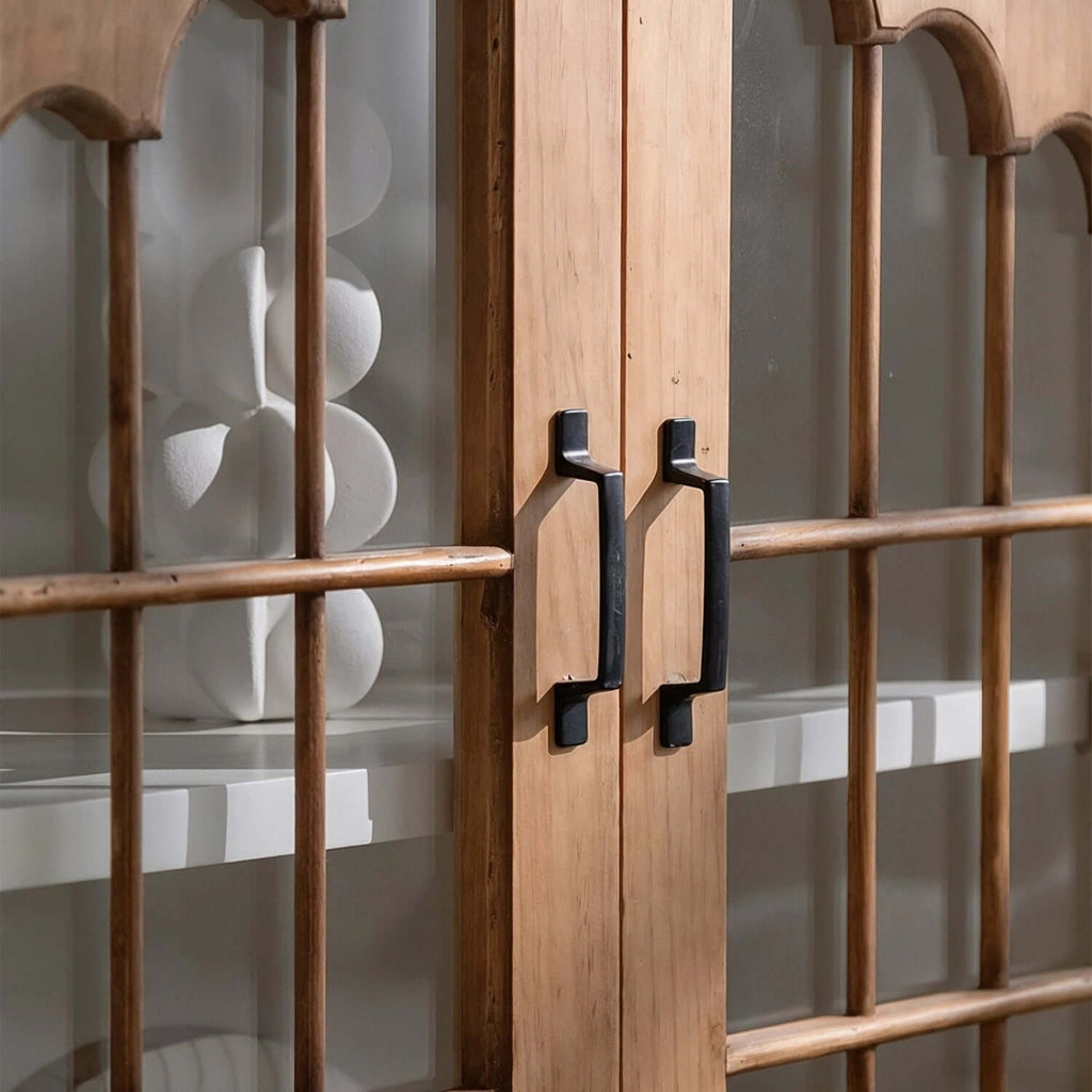 Rustic Fir Wood Sideboard with Glass Doors and Iron Legs