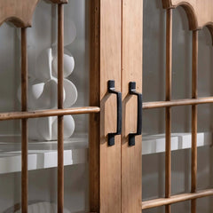 Rustic Fir Wood Sideboard with Glass Doors and Iron Legs