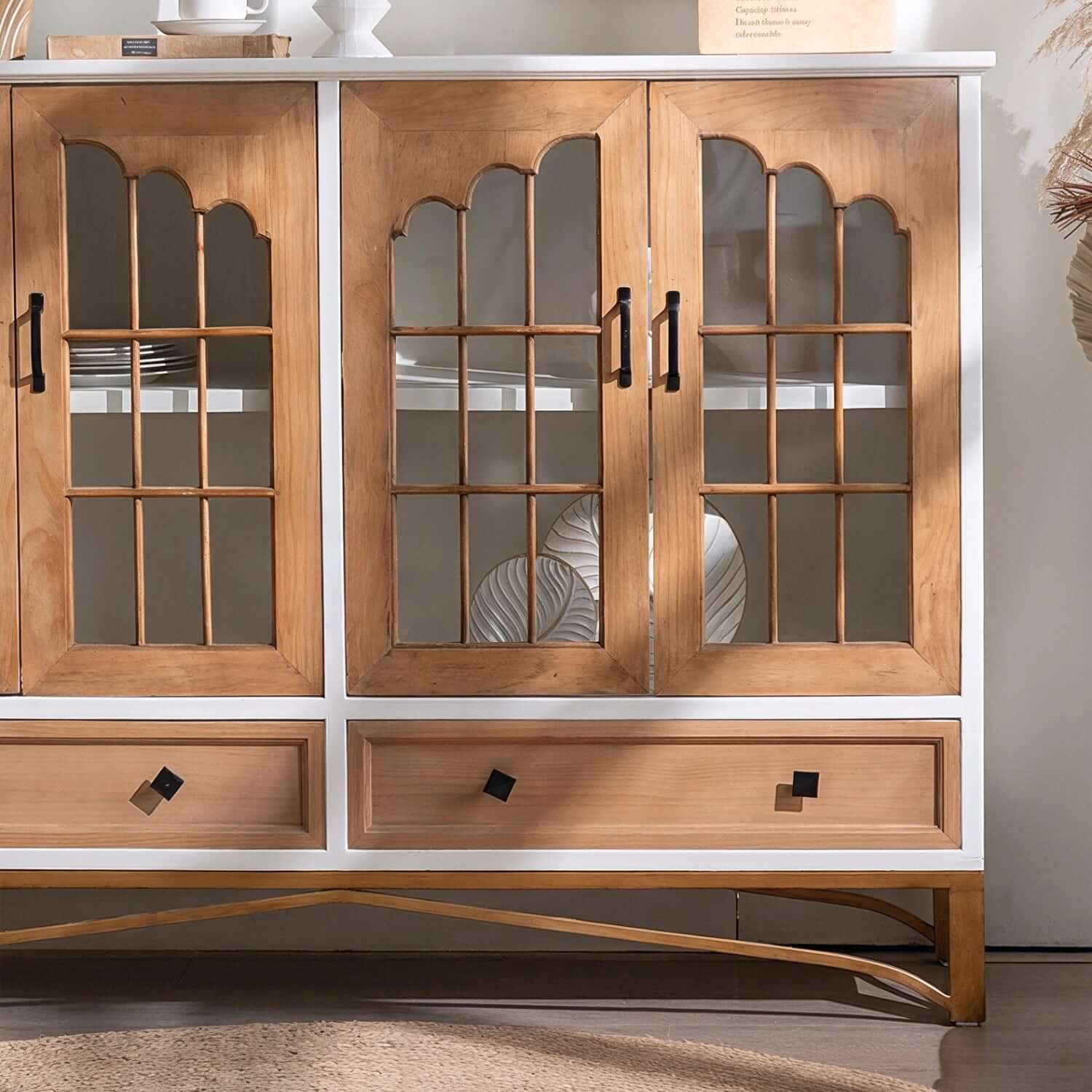 Rustic Fir Wood Sideboard with Glass Doors and Iron Legs