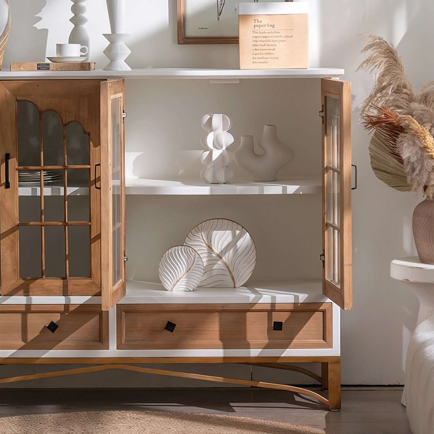 Rustic Fir Wood Sideboard with Glass Doors and Iron Legs