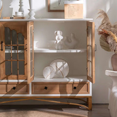 Rustic Fir Wood Sideboard with Glass Doors and Iron Legs