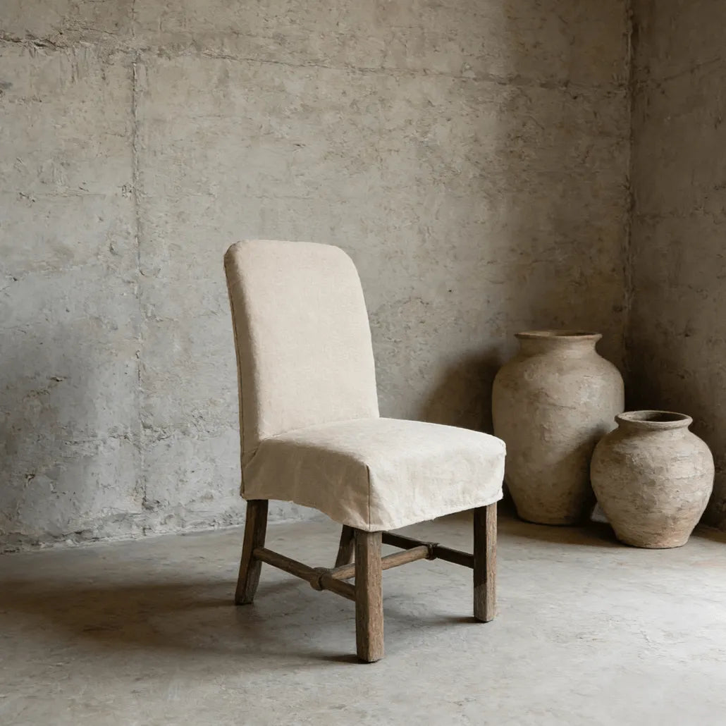 Rustic Oak Dining Chair with Removable Off-White Slipcover Secondary image