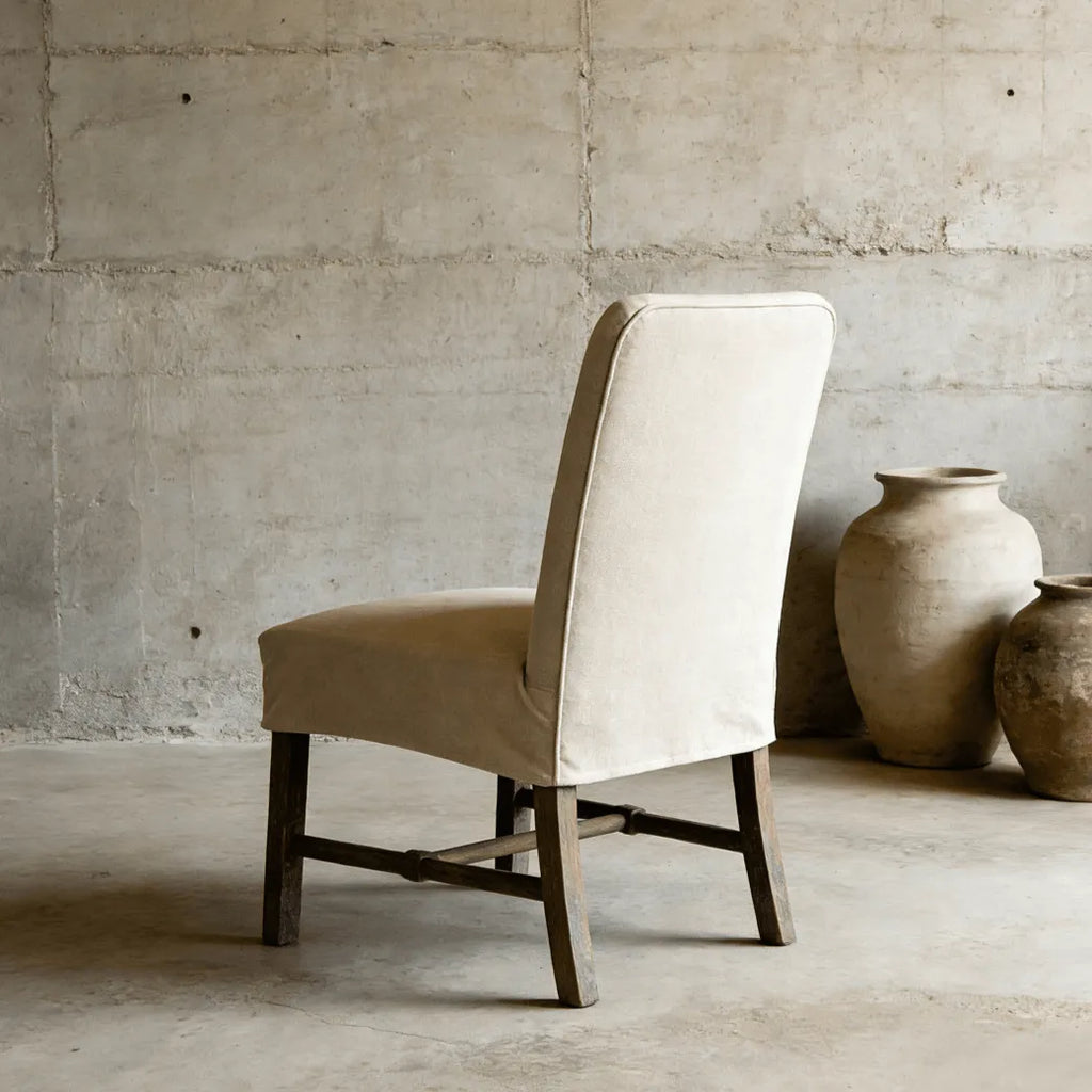 Rustic Oak Dining Chair with Removable Off-White Slipcover