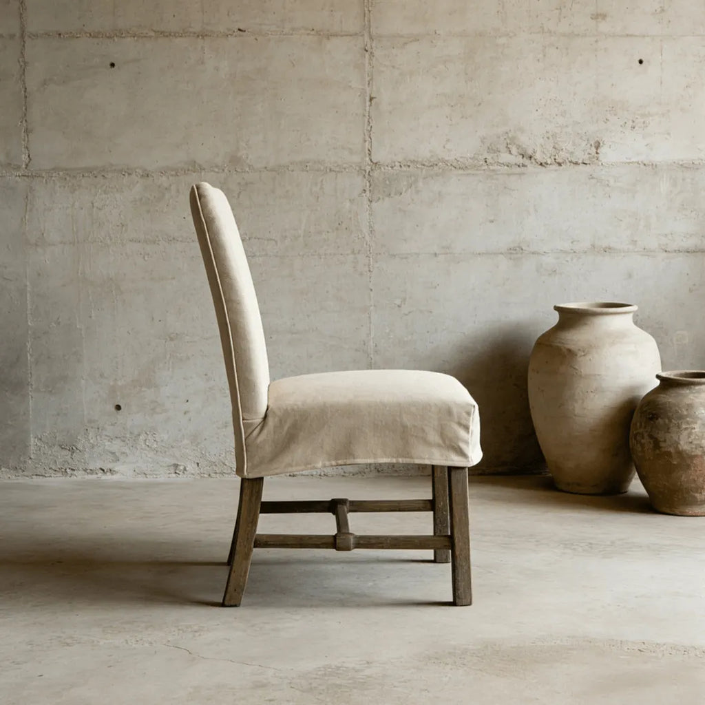 Rustic Oak Dining Chair with Removable Off-White Slipcover