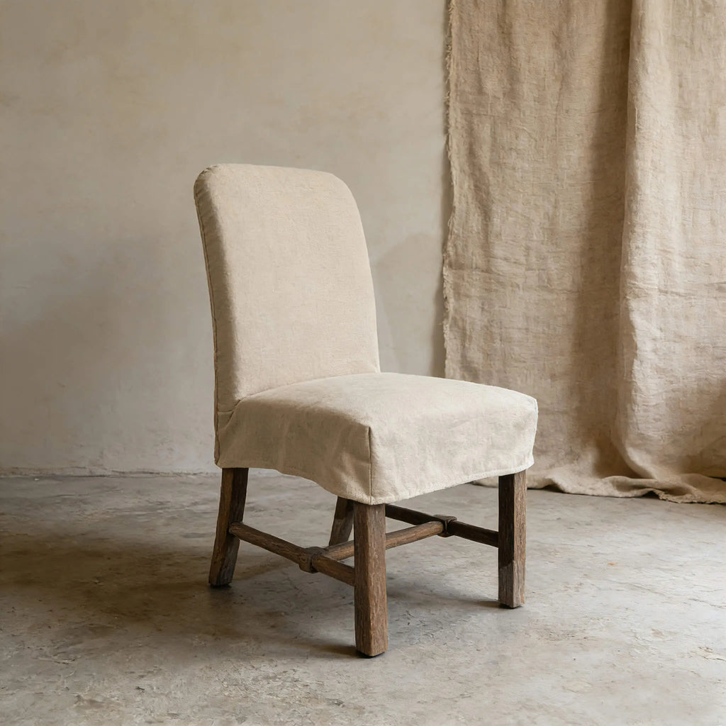 Rustic Oak Dining Chair with Removable Off-White Slipcover