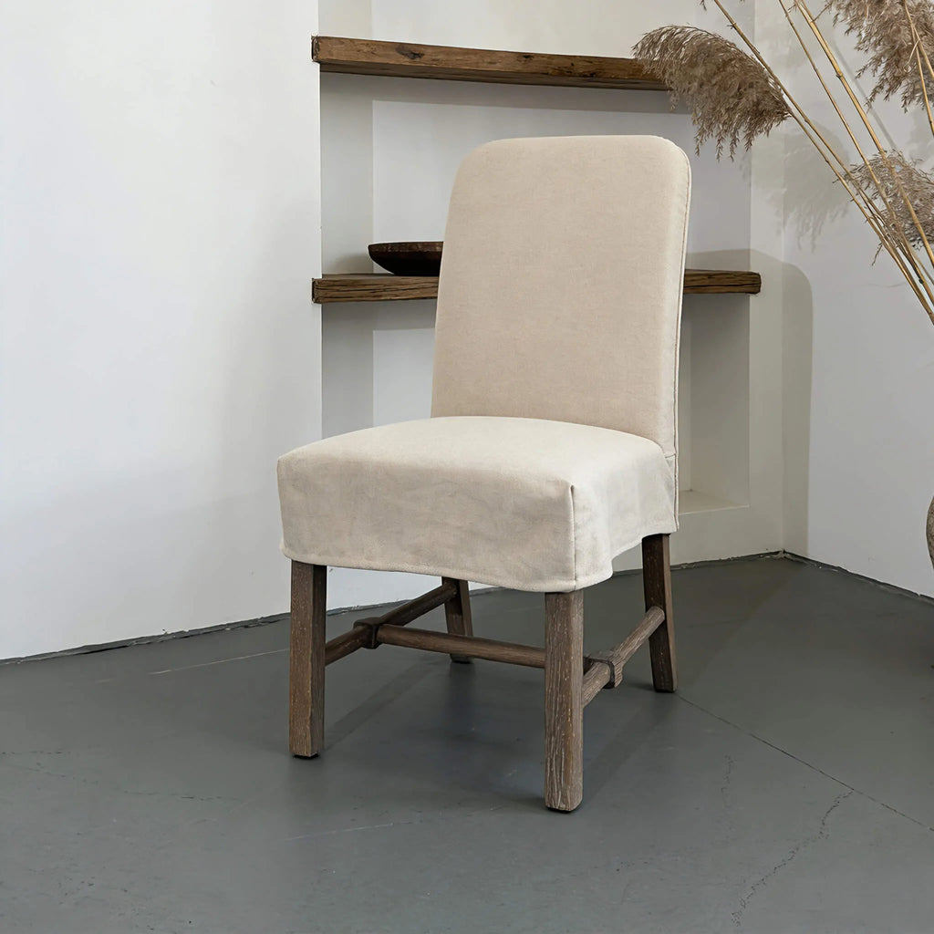 Rustic Oak Dining Chair with Removable Off-White Slipcover