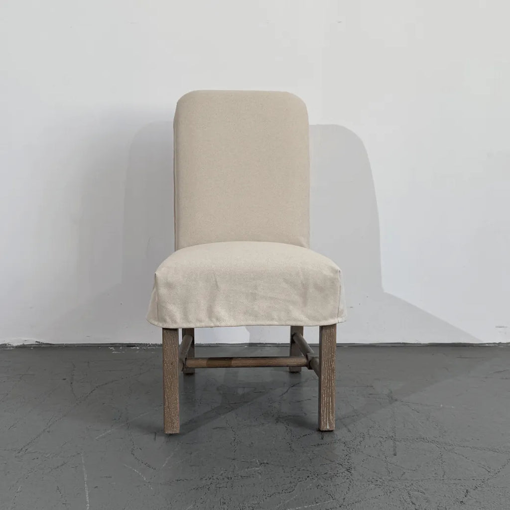 Rustic Oak Dining Chair with Removable Off-White Slipcover