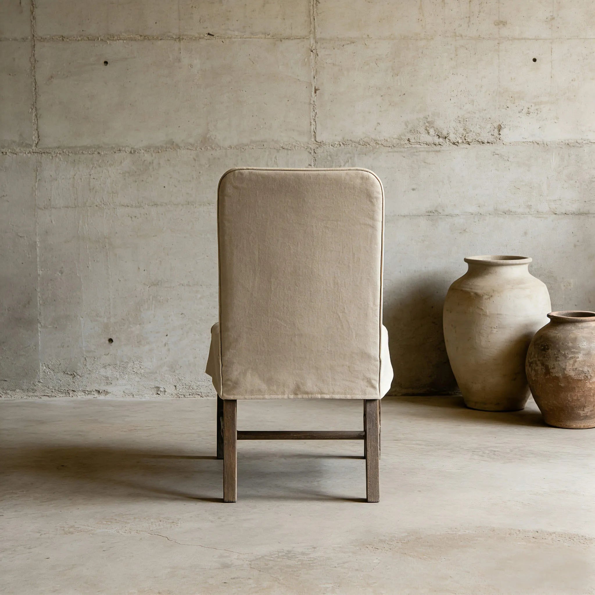Rustic Oak Dining Chair with Removable Off-White Slipcover