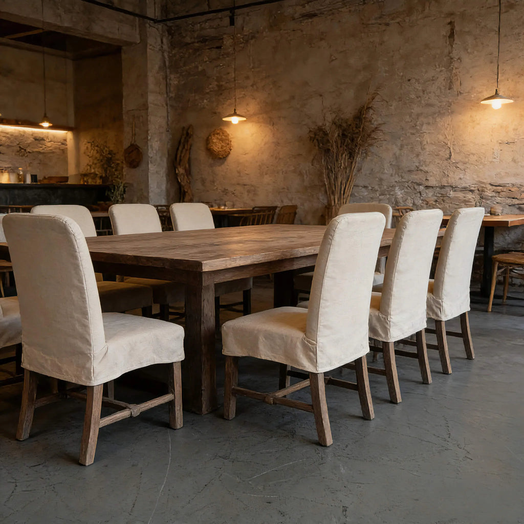 Rustic Oak Dining Chair with Removable Off-White Slipcover