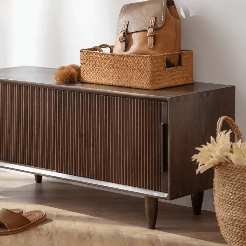 Rustic Pine Wood Shoe Storage Bench With Sliding Doors