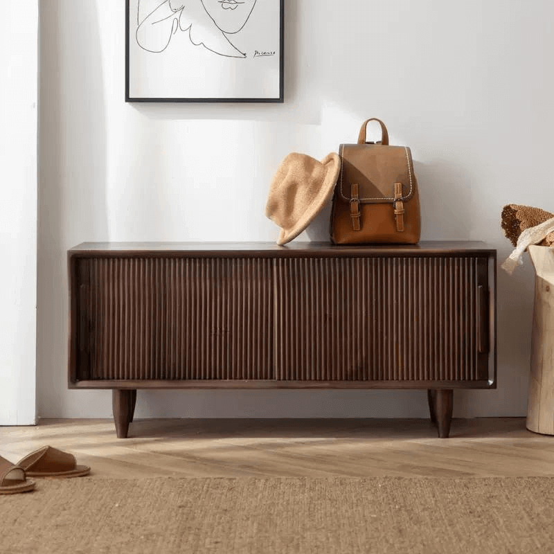 Rustic Pine Wood Shoe Storage Bench With Sliding Doors Secondary image