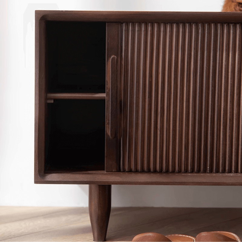 Rustic Pine Wood Shoe Storage Bench With Sliding Doors