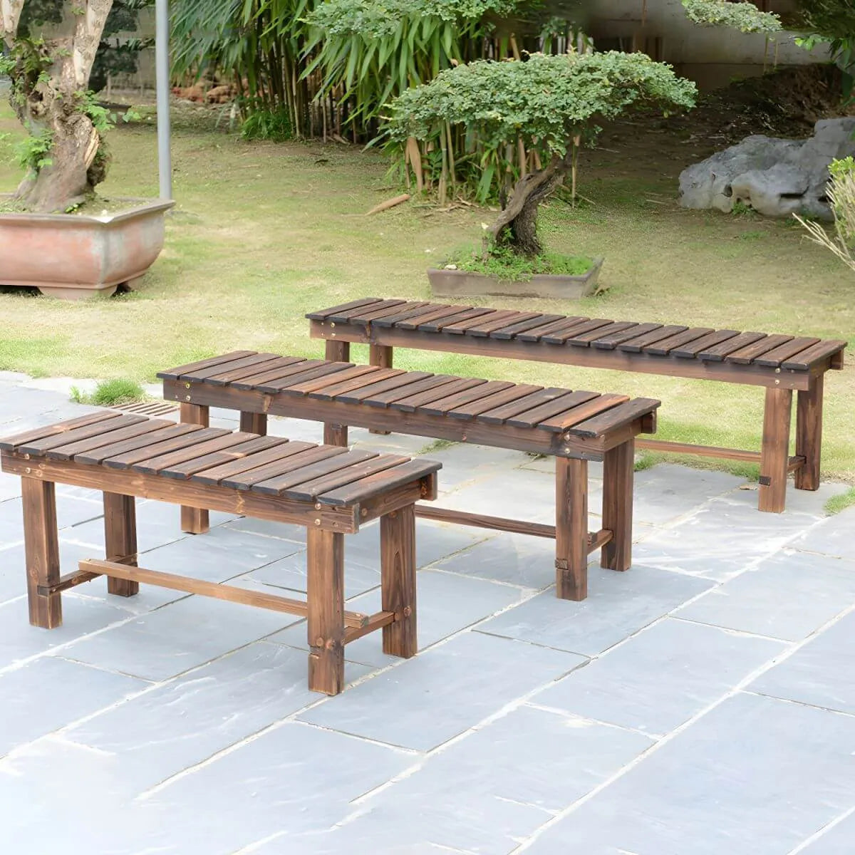 Rustic Solid Spruce Bench with Distressed Finish and H-Frame Support